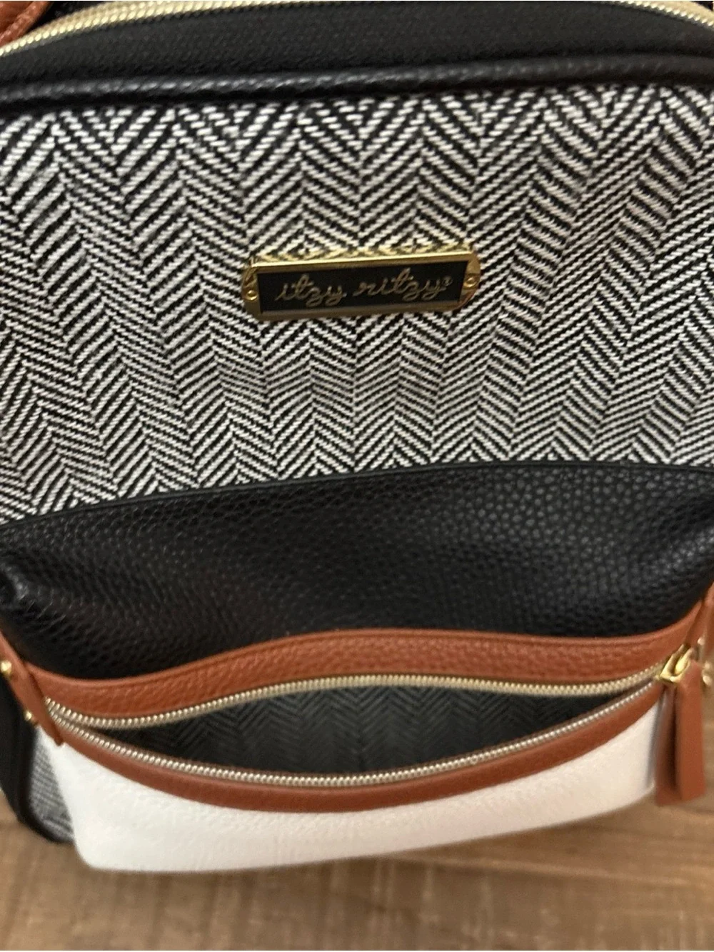 Itzy Ritzy Black, White & Brown Herringbone Accent Mini bag diaper bag backpack